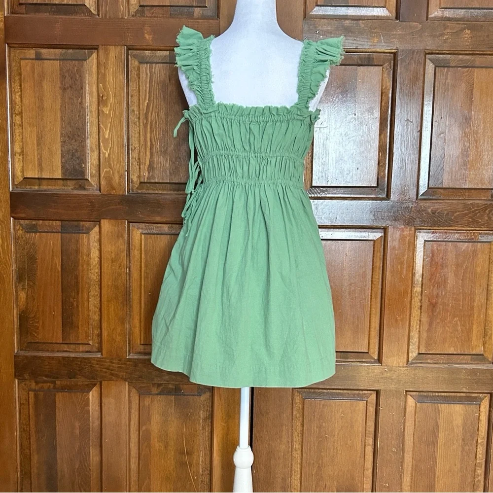Free People Green Cotton Sundress Women’s Small Ruffle Strap‎ Button Side Boho